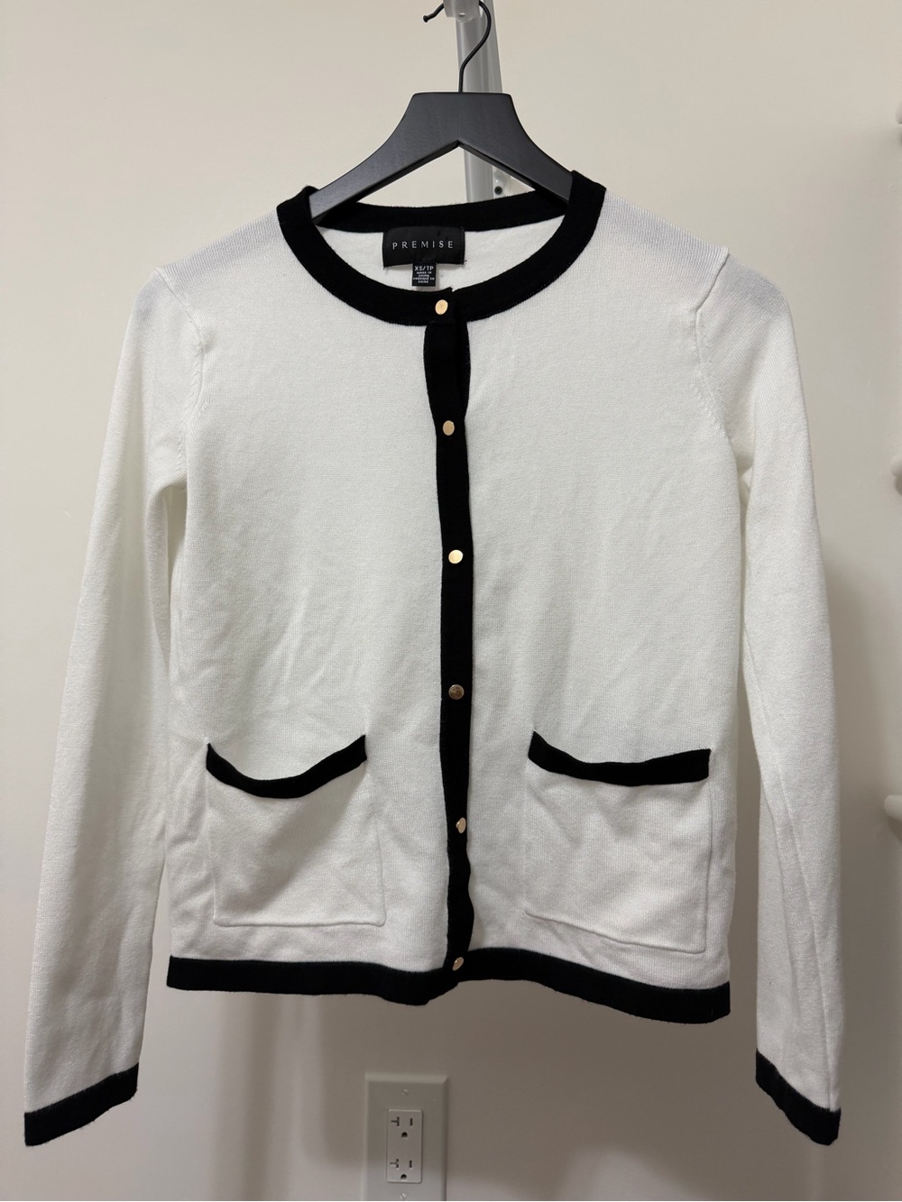 Premise White Cardigan with Black Trim and Gold Buttons